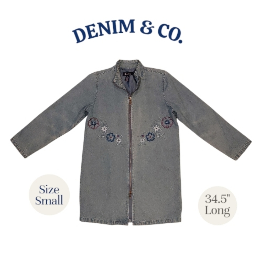 Denim & Co. long blue jean embroidered jacket